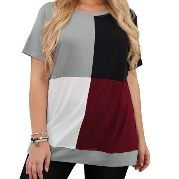 WINE RED WHITE GRAY BLACK CREW NECK COLOR BLOCK TOP SIZE 1X 14-16 - Picture 3 of 9